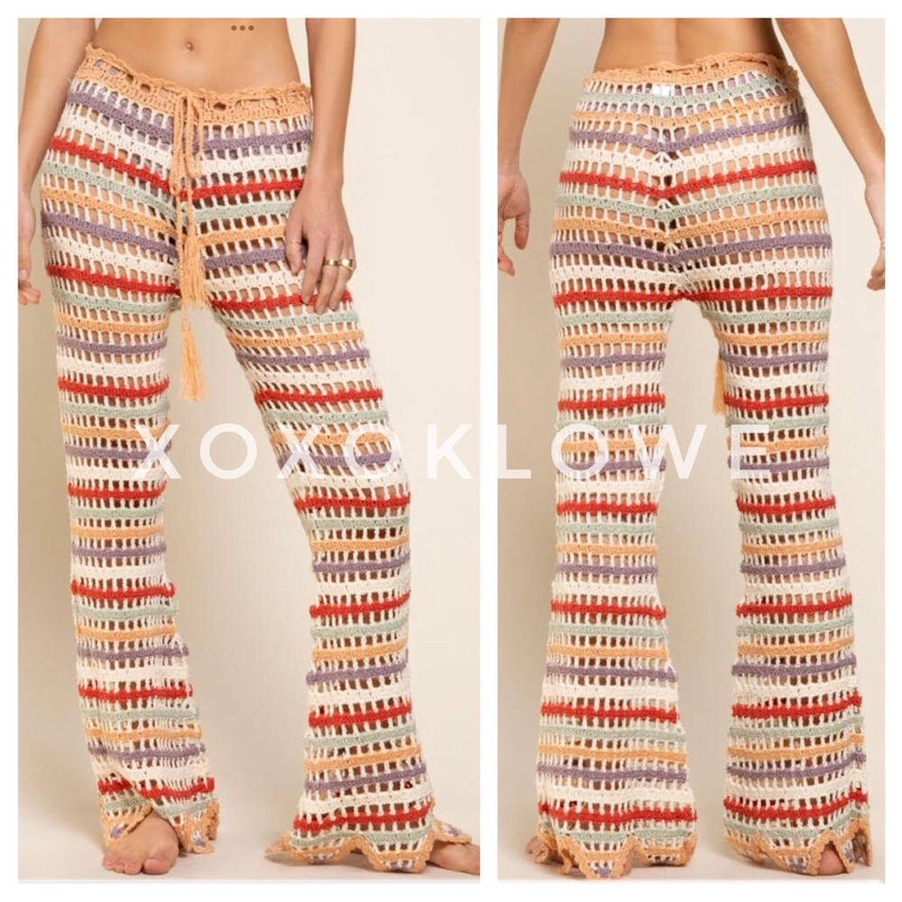 LAST ONE POL Low Rise Retro Striped Crochet Flare Pants - Picture 3 of 16